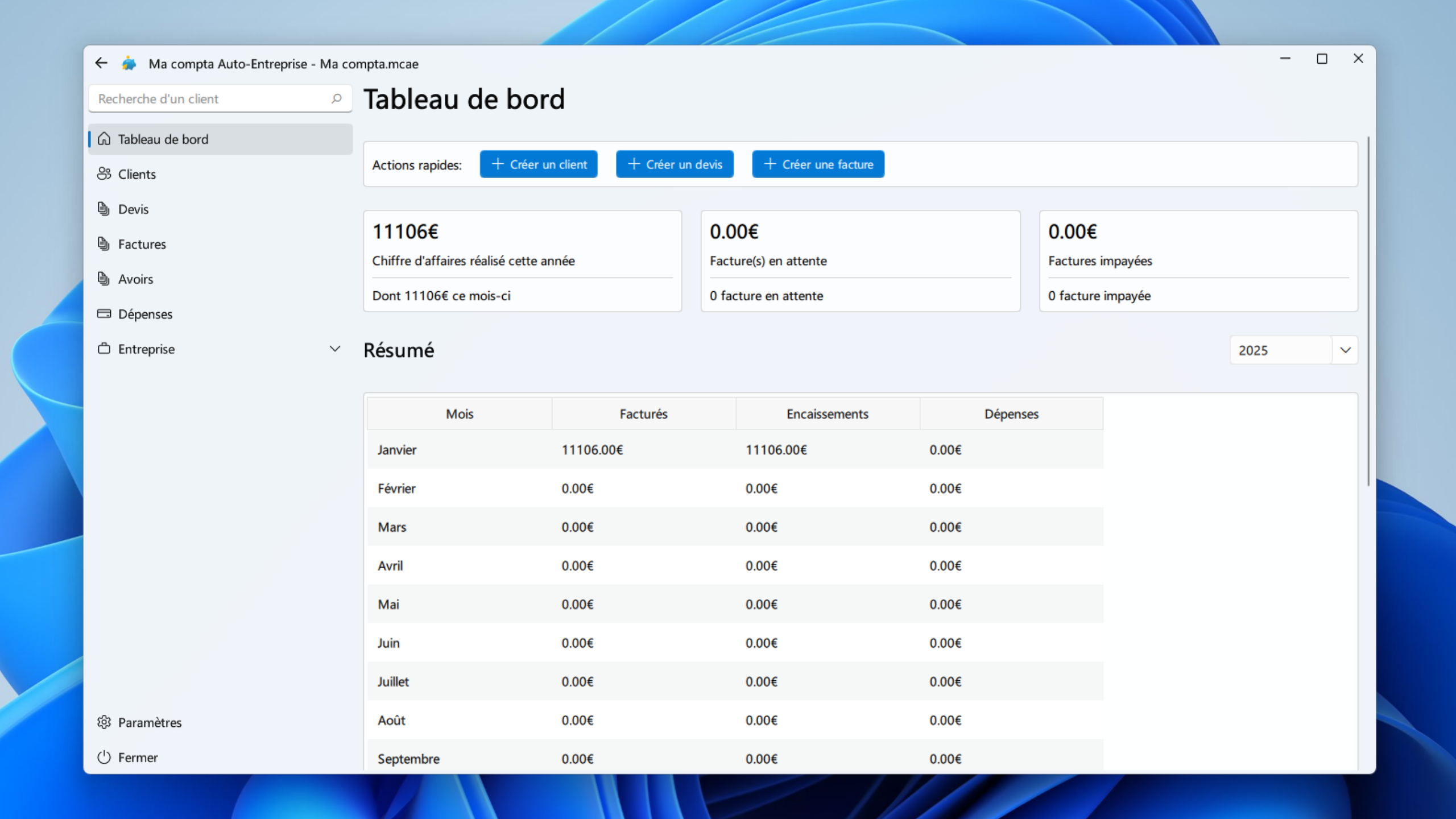 Ma compta Auto-Entreprise en action dans le tableau de bord